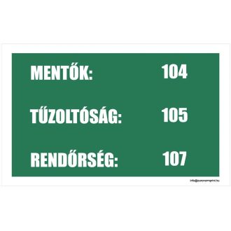   Mentők: 104; Tűzoltók: 105; Rendőrség: 107 - öntapadós 100x60
